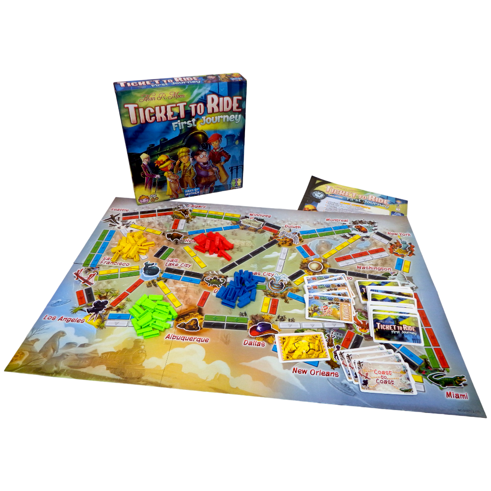لعبة لوحية تذاكر الرحلة المغامرة الأولى - ممتعة وسهلة للمكتشفين الصغار! لعبة استراتيجيات القطارات، لعبة عائلية للأطفال والكبار، من عمر 6 سنوات فما فوق، من 2 إلى 4 لاعبين، مدة اللعب 15-30 دقيقة.