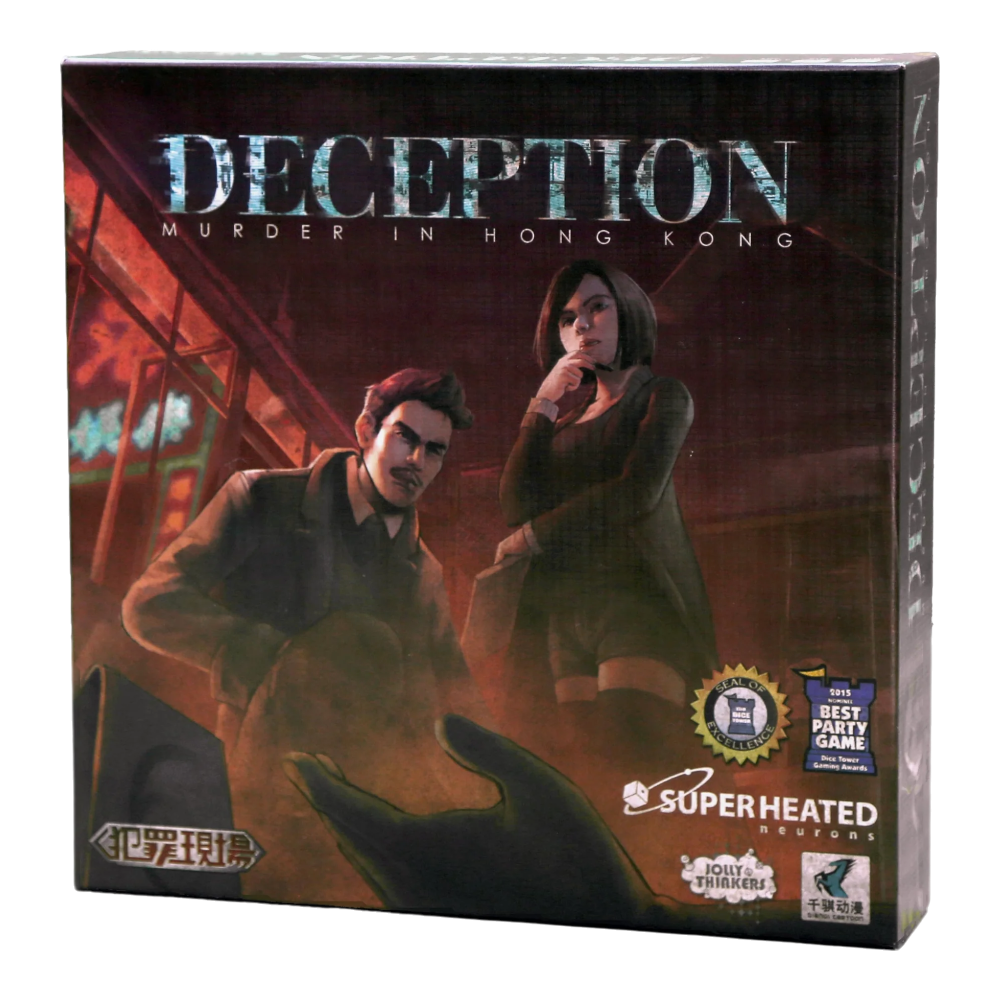 سوبرهيتيد نيورونز خداع: جريمة قتل في هونغ كونغ، لعبة لوحية لغموض القتل بسرعة، مدة 20 دقيقة، من 4 إلى 12 لاعبًا، عمر 14 سنة وما فوق، باللغة الإنجليزية والعربية... من بينكم من يستطيع رؤية الكذب أو قادر على عدم الوقوع في الفخ؟